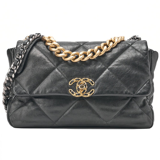 CHANEL Calfskin Matelasse Chanel 19 2-Way Chain Shoulder Black Gold x Silver-Tone Hardware, Pre-Owned
