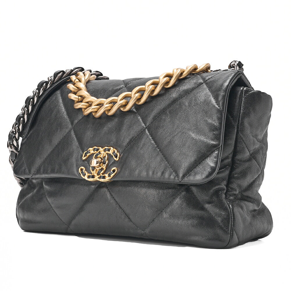CHANEL Calfskin Matelasse Chanel 19 2-Way Chain Shoulder Black Gold x Silver-Tone Hardware, Pre-Owned