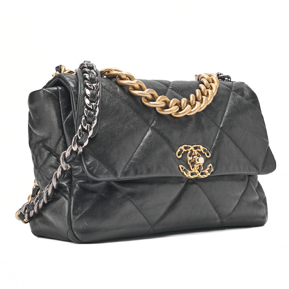 CHANEL Calfskin Matelasse Chanel 19 2-Way Chain Shoulder Black Gold x Silver-Tone Hardware, Pre-Owned