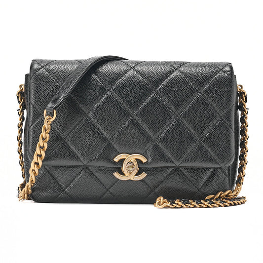 CHANEL Caviar Skin Matelasse Turnlock Chain Shoulder Black Gold-Tone Hardware, Pre-Owned