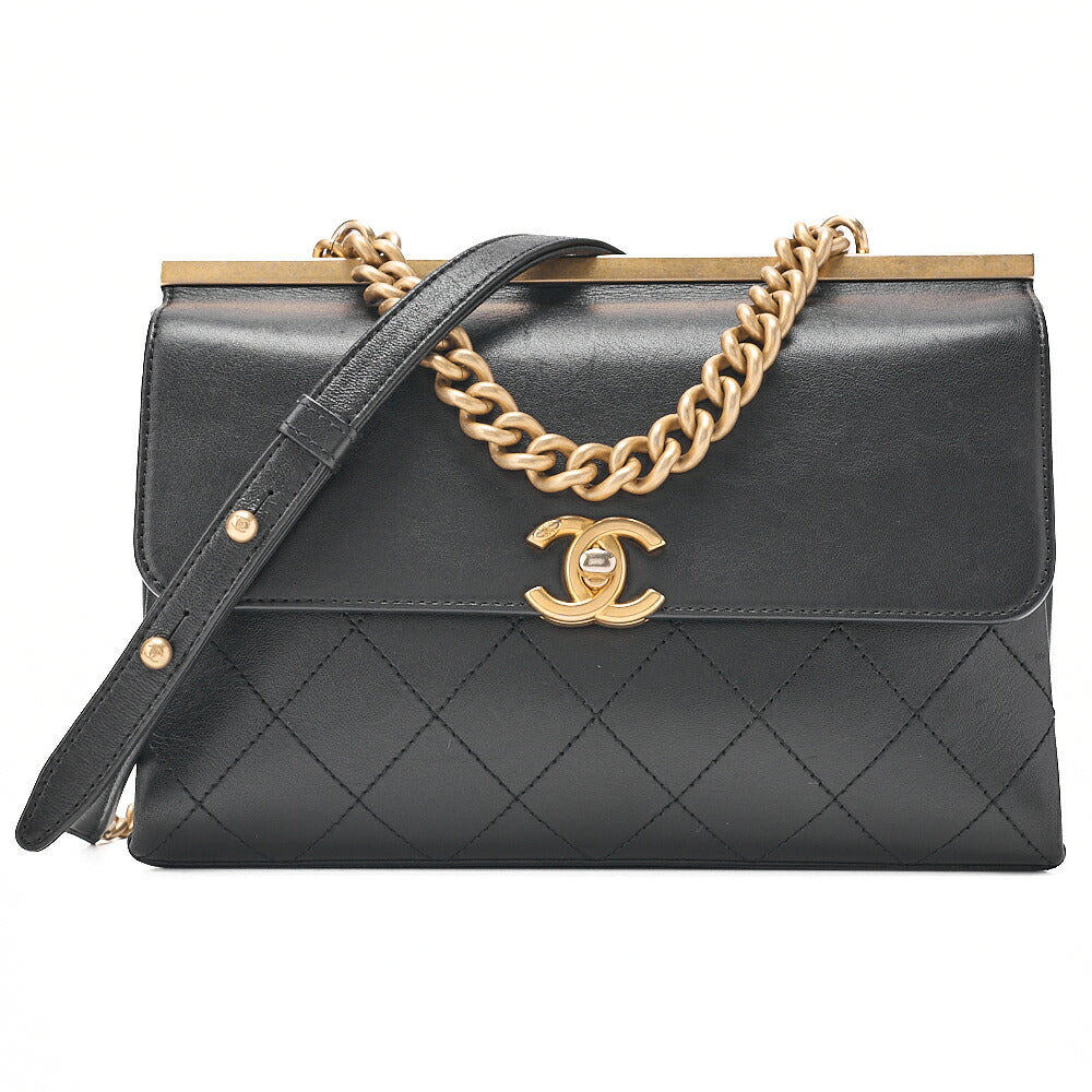 CHANEL Calfskin Matelasse Coco Mark & Logo Mark 2way Handbag Black Gold-Tone Hardware, Pre-Owned