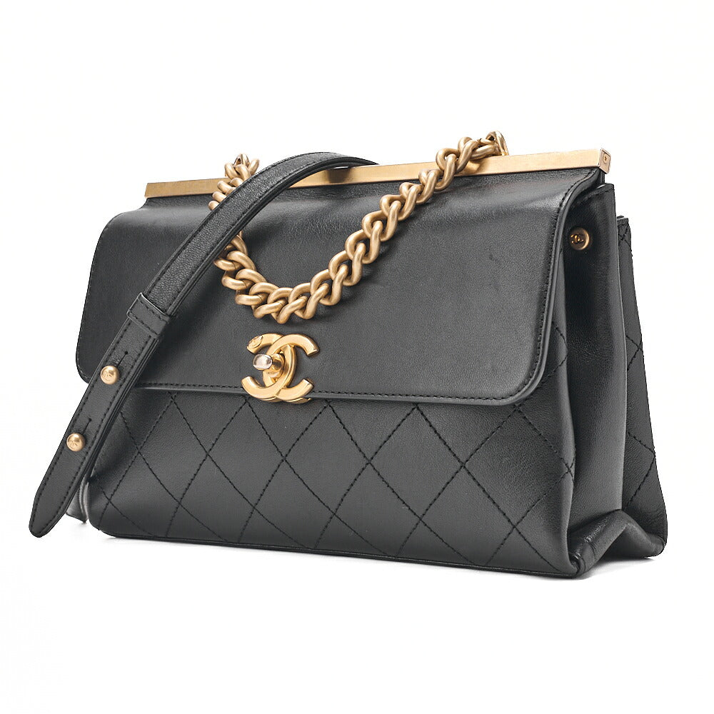 CHANEL Calfskin Matelasse Coco Mark & Logo Mark 2way Handbag Black Gold-Tone Hardware, Pre-Owned