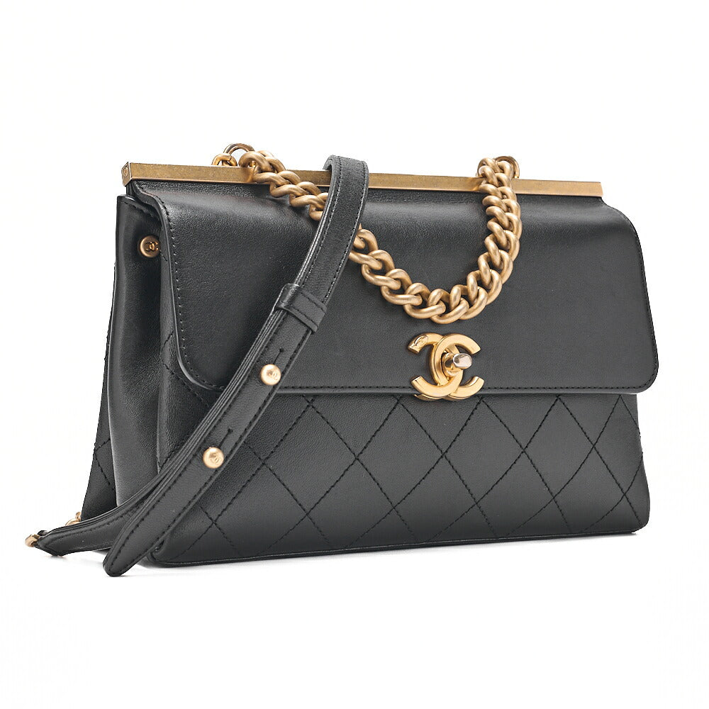 CHANEL Calfskin Matelasse Coco Mark & Logo Mark 2way Handbag Black Gold-Tone Hardware, Pre-Owned