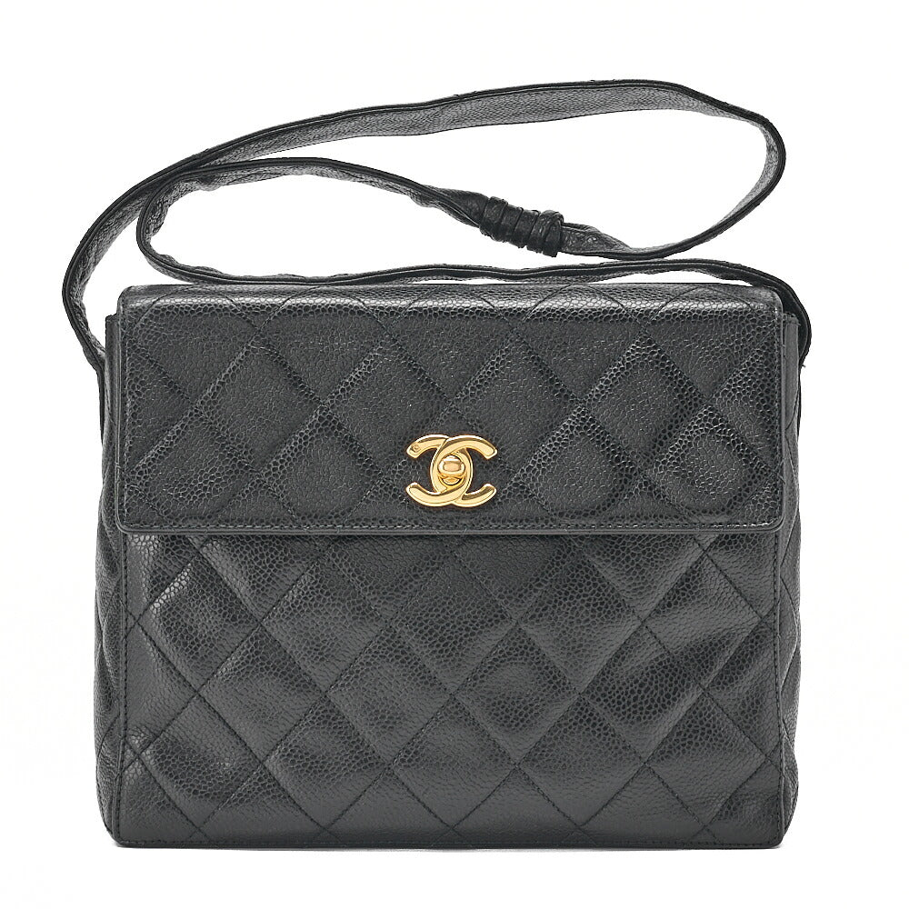 CHANEL Caviar Skin Matelasse Stolet Flap Shoulder Bag Black Gold-Tone Hardware, Pre-Owned