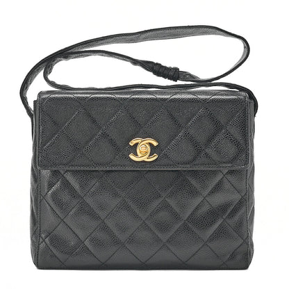 CHANEL Caviar Skin Matelasse Stolet Flap Shoulder Bag Black Gold-Tone Hardware, Pre-Owned