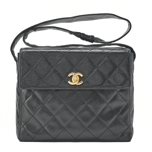 CHANEL Caviar Skin Matelasse Stolet Flap Shoulder Bag Black Gold-Tone Hardware, Pre-Owned