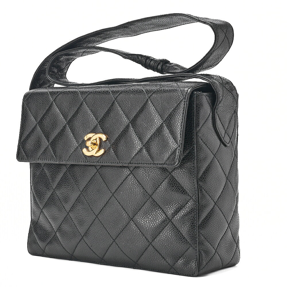 CHANEL Caviar Skin Matelasse Stolet Flap Shoulder Bag Black Gold-Tone Hardware, Pre-Owned