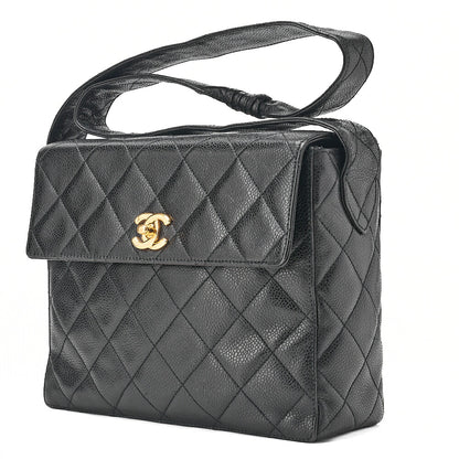 CHANEL Caviar Skin Matelasse Stolet Flap Shoulder Bag Black Gold-Tone Hardware, Pre-Owned