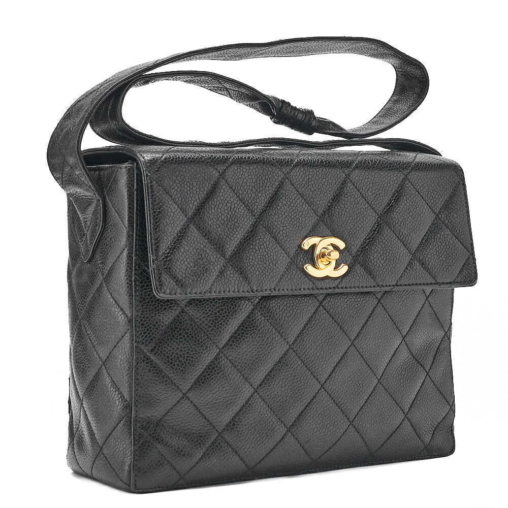 CHANEL Caviar Skin Matelasse Stolet Flap Shoulder Bag Black Gold-Tone Hardware, Pre-Owned