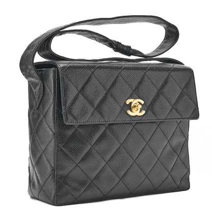 CHANEL Caviar Skin Matelasse Stolet Flap Shoulder Bag Black Gold-Tone Hardware, Pre-Owned