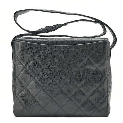 CHANEL Caviar Skin Matelasse Stolet Flap Shoulder Bag Black Gold-Tone Hardware, Pre-Owned