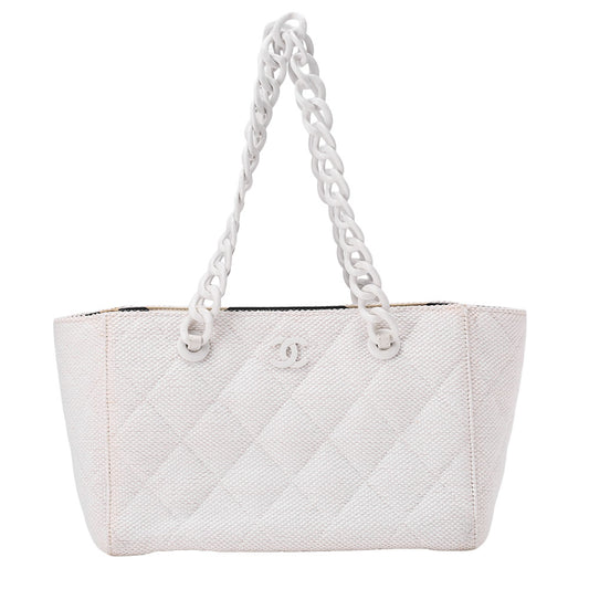CHANEL Matelasse Coco Mark Chain Tote Straw x Plastic White Gold-Tone Hardware, Pre-Owned