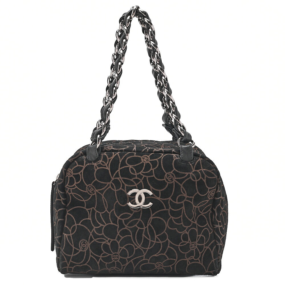 CHANEL Suede Camellia Chain Tote Black x Gold Silver-Tone Hardware, Pre-Owned