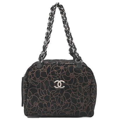 CHANEL Suede Camellia Chain Tote Black x Gold Silver-Tone Hardware, Pre-Owned