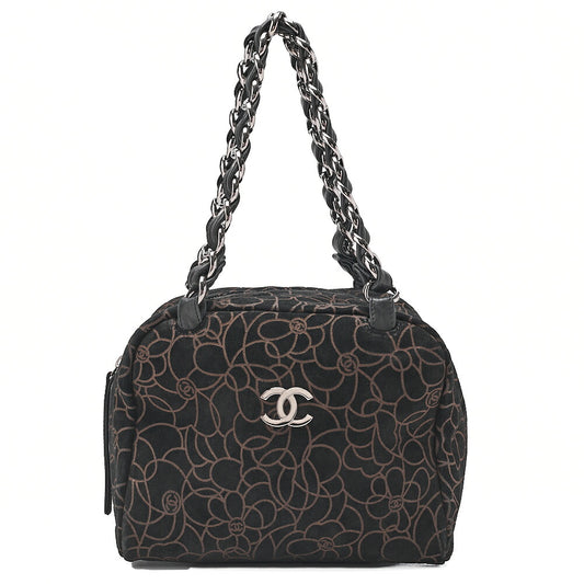 CHANEL Suede Camellia Chain Tote Black x Gold Silver-Tone Hardware, Pre-Owned