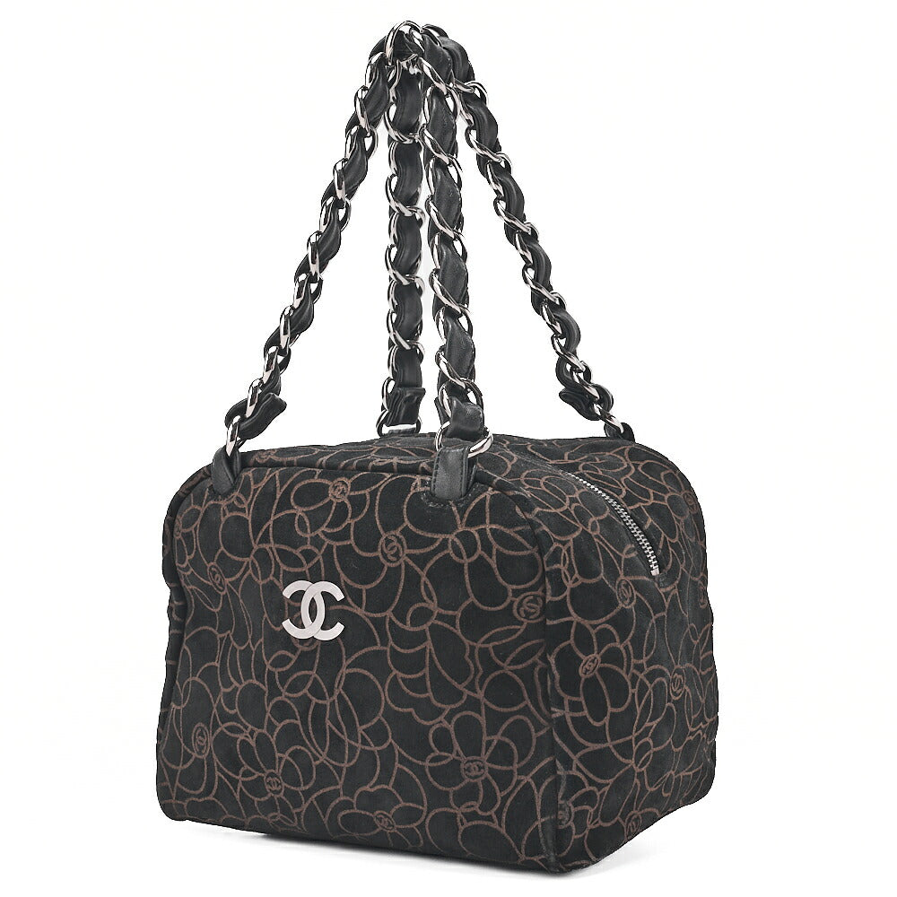CHANEL Suede Camellia Chain Tote Black x Gold Silver-Tone Hardware, Pre-Owned