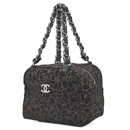 CHANEL Suede Camellia Chain Tote Black x Gold Silver-Tone Hardware, Pre-Owned