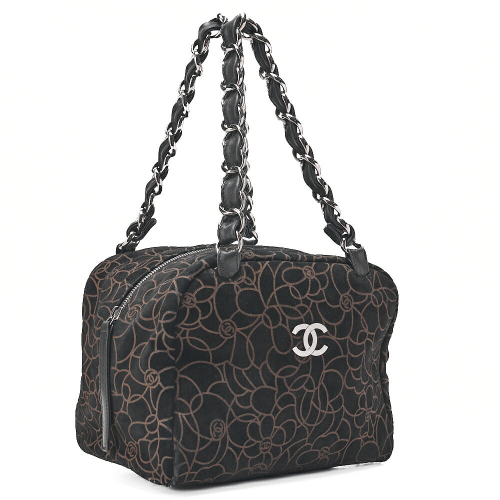 CHANEL Suede Camellia Chain Tote Black x Gold Silver-Tone Hardware, Pre-Owned