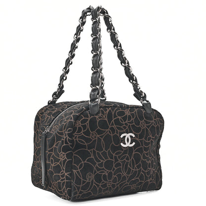 CHANEL Suede Camellia Chain Tote Black x Gold Silver-Tone Hardware, Pre-Owned