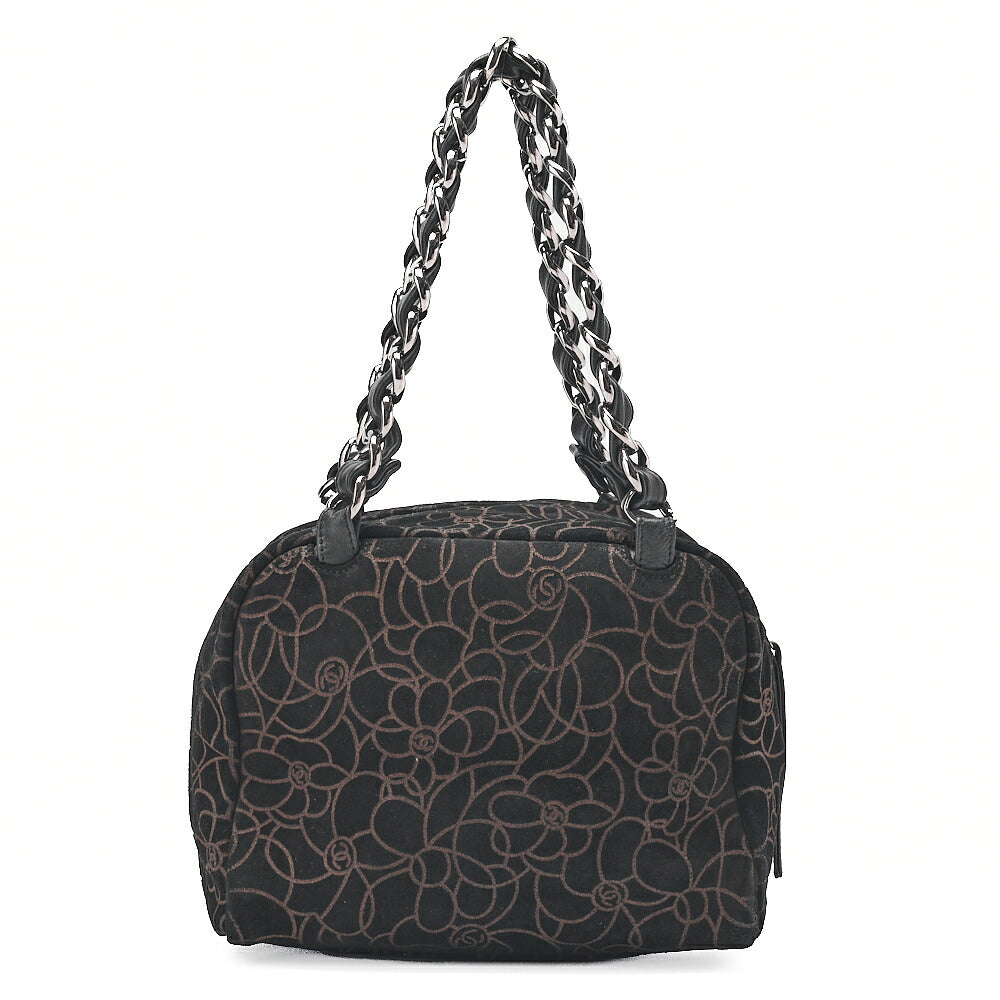 CHANEL Suede Camellia Chain Tote Black x Gold Silver-Tone Hardware, Pre-Owned