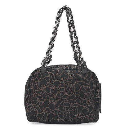 CHANEL Suede Camellia Chain Tote Black x Gold Silver-Tone Hardware, Pre-Owned