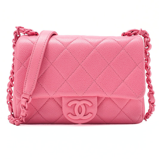 CHANEL Caviar Skin Mini Matelasse 18 Push Lock Pink Chain Shoulder Pink Pink-Tone Hardware, Pre-Owned