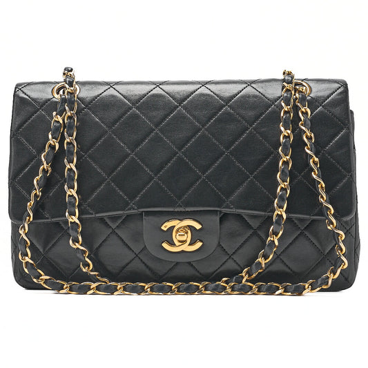 CHANEL Lambskin Matelasse 25cm Double Flap Chain Shoulder Black Gold-Tone Hardware, Pre-Owned