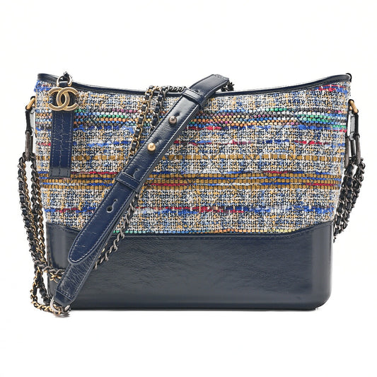 CHANEL Vintage Calf x Tweed Gabrielle de Chanel Chain Shoulder Navy x Multicolor Silver x Gold-Tone Hardware, Pre-Owned