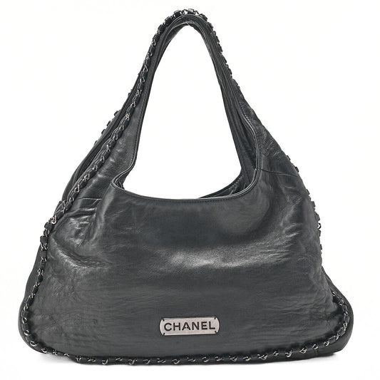 CHANEL Lambskin Luxury Line Logo Plate Shoulder Black Silver-Tone Hardware, Pre-Owned