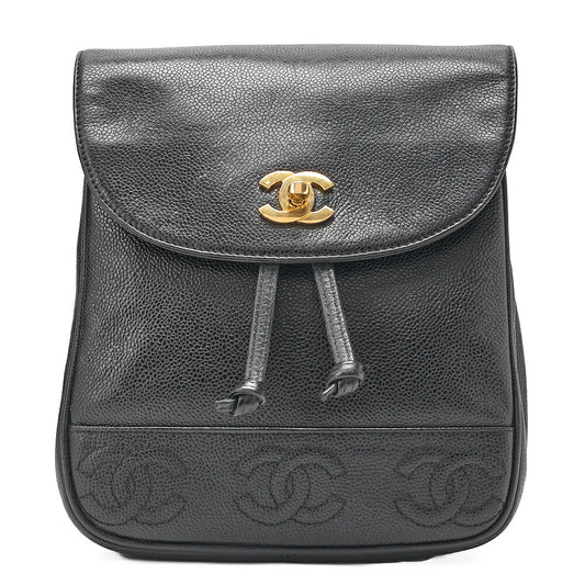 CHANEL Triple Coco Mark Turnlock Chain Backpack Caviar Skin Black Gold-Tone Hardware, Pre-Owned