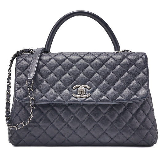 CHANEL Shoulder Bag Matelasse Coco Handle 33 2WAY Handbag Caviar Skin Navy Silver-Tone Hardware, Pre-Owned