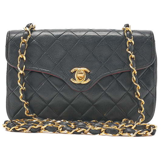 CHANEL Chain Shoulder Bag Mini Matelasse 18cm Design Flap Lambskin Black Gold-Tone Hardware, Pre-Owned