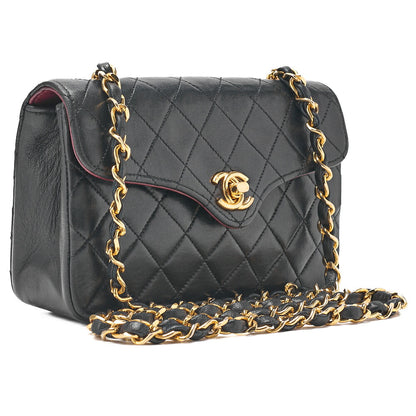 CHANEL Chain Shoulder Bag Mini Matelasse 18cm Design Flap Lambskin Black Gold-Tone Hardware, Pre-Owned