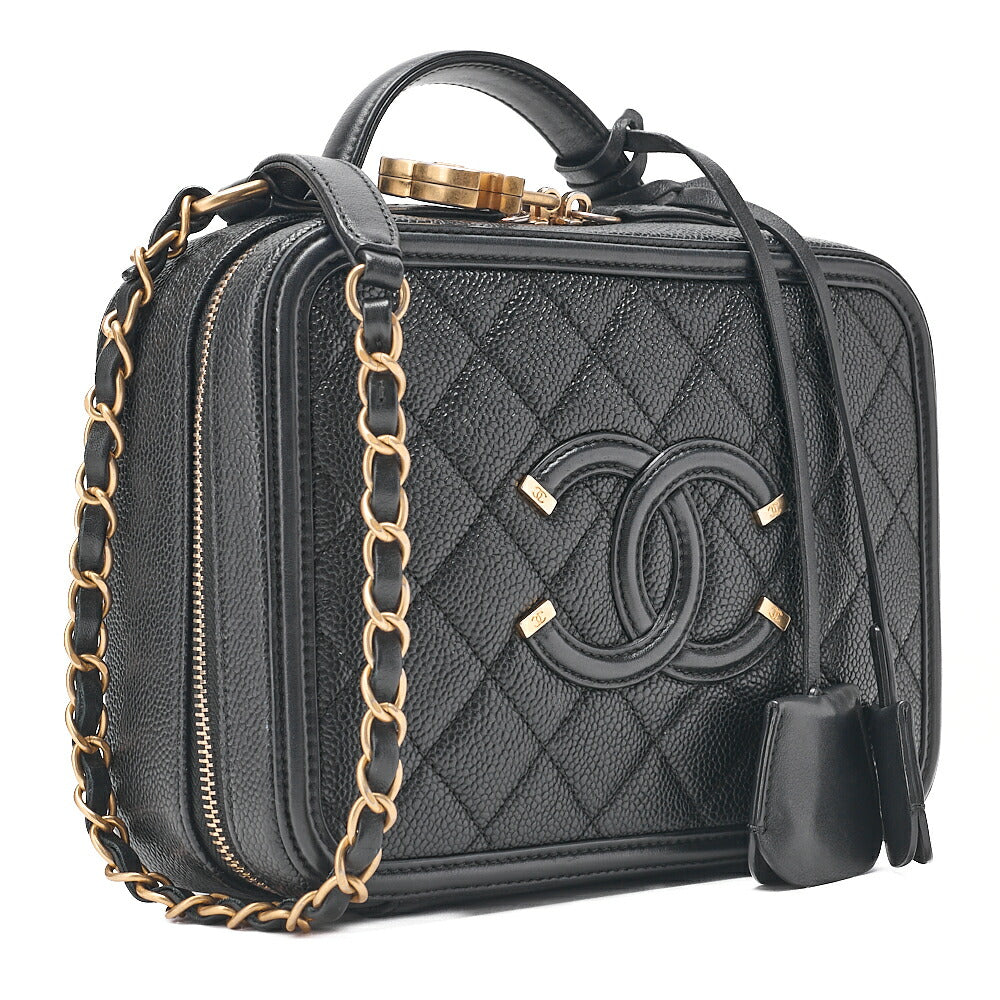 CHANEL Shoulder Bag Coco Mark CC Filigree 2WAY Chain Shoulder Caviar Skin Black Gold-Tone Hardware, Pre-Owned