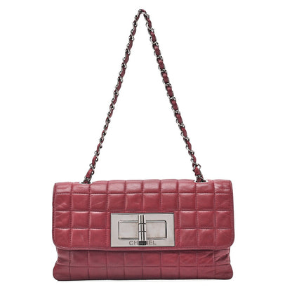CHANEL Lambskin Chocolate Bar 2.55 Lock Chain Shoulder Bag Red Silver-Tone Hardware, Pre-Owned