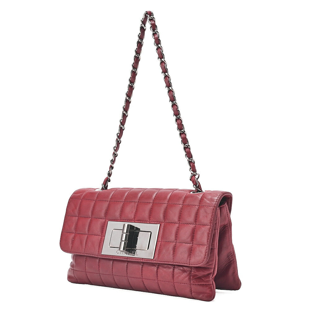 CHANEL Lambskin Chocolate Bar 2.55 Lock Chain Shoulder Bag Red Silver-Tone Hardware, Pre-Owned