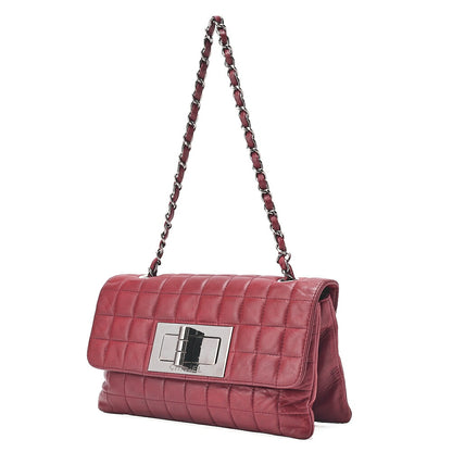 CHANEL Lambskin Chocolate Bar 2.55 Lock Chain Shoulder Bag Red Silver-Tone Hardware, Pre-Owned