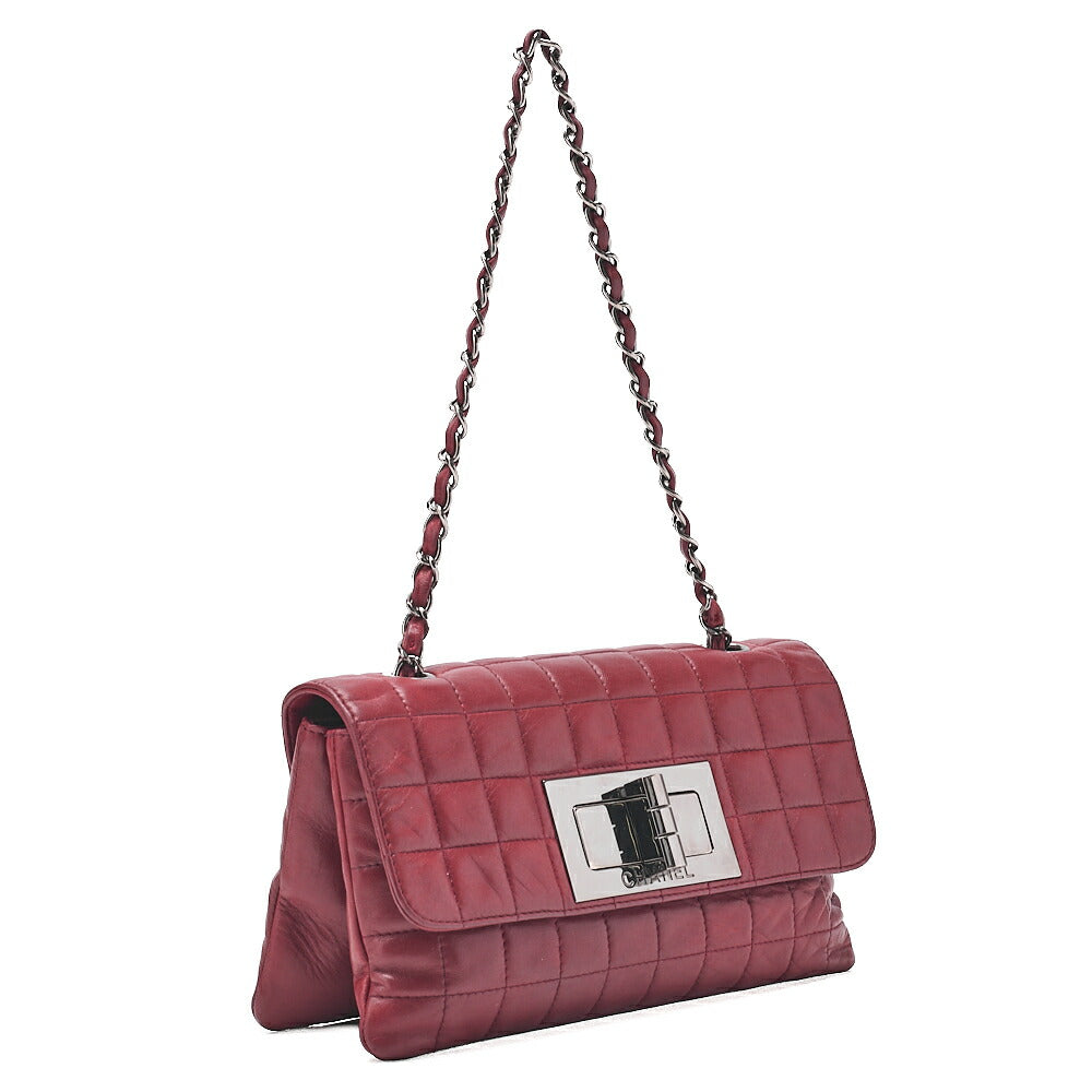 CHANEL Lambskin Chocolate Bar 2.55 Lock Chain Shoulder Bag Red Silver-Tone Hardware, Pre-Owned