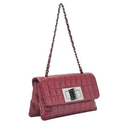 CHANEL Lambskin Chocolate Bar 2.55 Lock Chain Shoulder Bag Red Silver-Tone Hardware, Pre-Owned