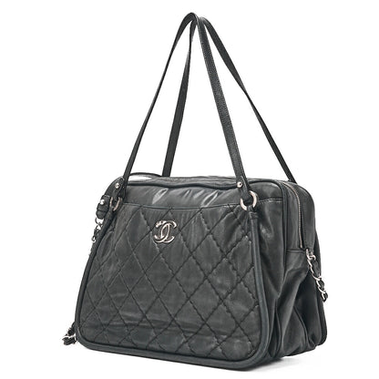 CHANEL Sparkle Leather Matelasse Coco Mark 2WAY Chain Shoulder Black Silver-Tone Hardware, Pre-Owned