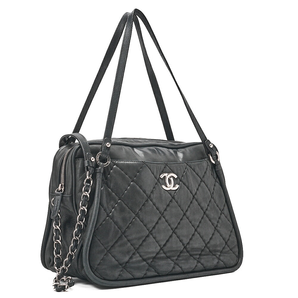 CHANEL Sparkle Leather Matelasse Coco Mark 2WAY Chain Shoulder Black Silver-Tone Hardware, Pre-Owned