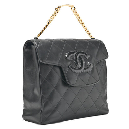 CHANEL Lambskin x Enamel Matelasse Coco Mark Logo Chain Handbag Black Gold-Tone Hardware, Pre-Owned
