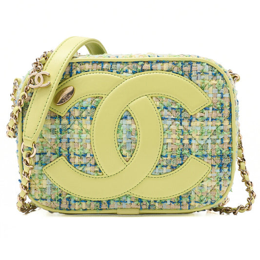 CHANEL Tweed x Lambskin Coco Mark Chain Shoulder Yellow-Green Multicolor Gold-Tone Hardware, Pre-Owned
