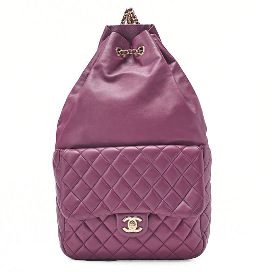 CHANEL Lambskin Matelasse Turnlock Drawstring Backpack Purple Gold-Tone Hardware, Pre-Owned