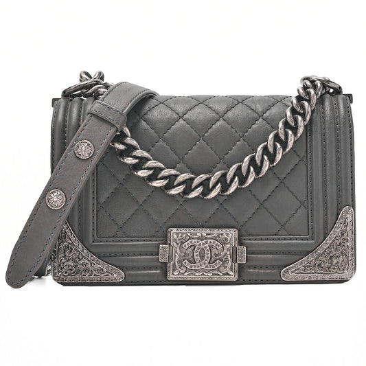 CHANEL Calfskin Matelasse Boy Chanel 20 Chain Shoulder Gray Silver-Tone Hardware, Pre-Owned