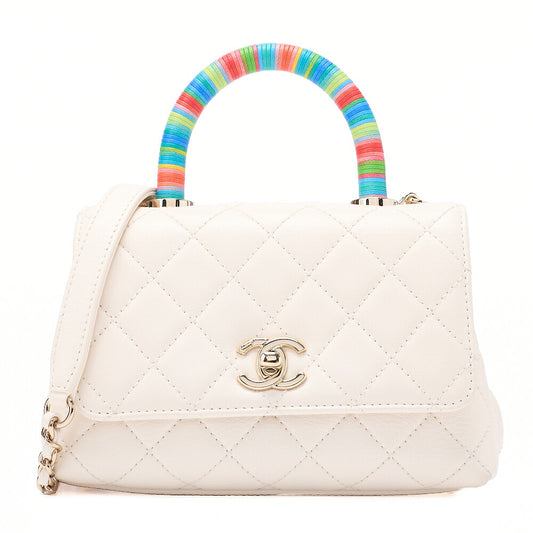 CHANEL Shoulder Bag Matelasse Coco Handle Le XXS Calfskin 2WAY Handbag White x Rainbow Color Gold -Tone Hardware, Pre-Owned