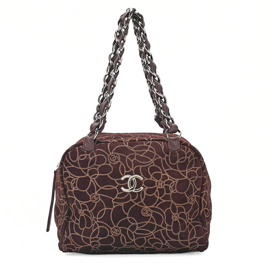 CHANEL Suede Camellia Line Cocomark Chain Tote Bag Brown Silver-Tone Hardware, Pre-Owned