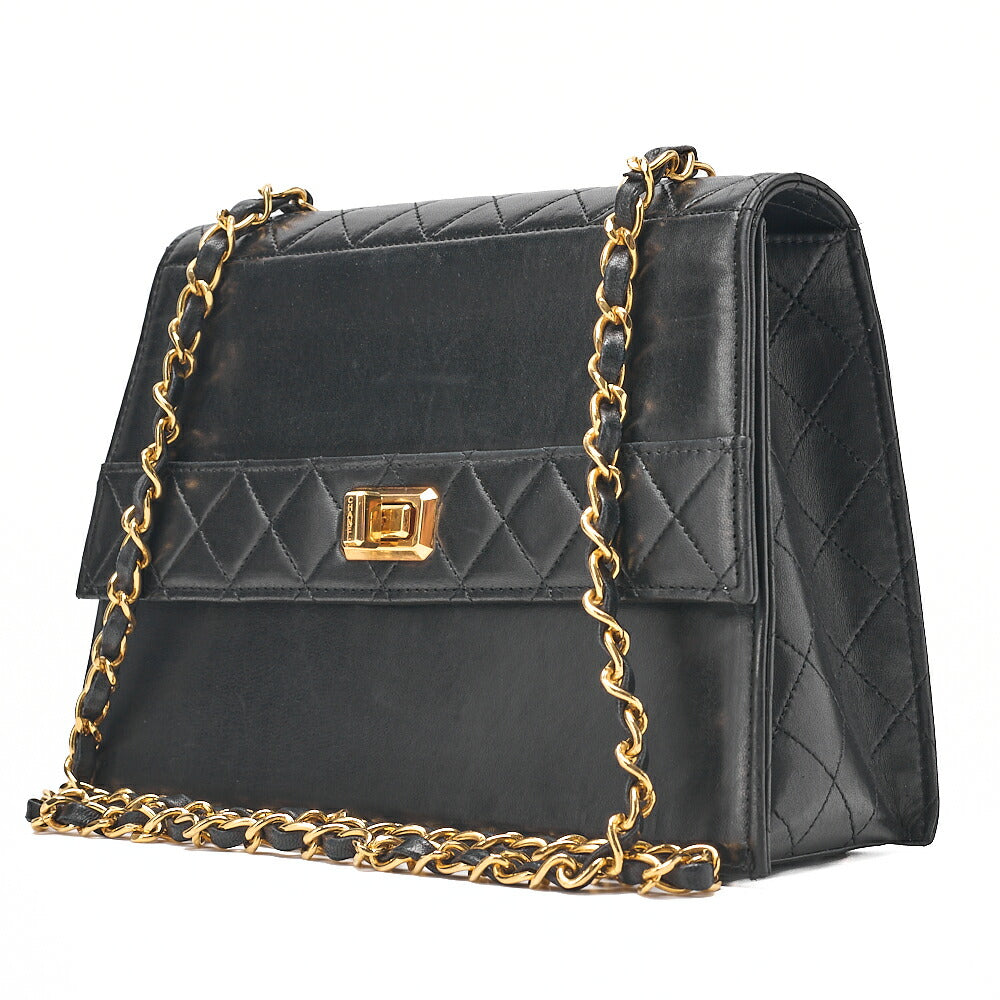 シャネル マトラッセ 台形 2.55 ロック シングル フラップ チェーンショルダー ラムスキン 黒 ゴールド金具 中古
