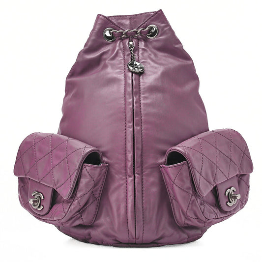 CHANEL Lambskin Matelasse W Turnlock Chain Backpack Purple Silver-Tone Hardware, Pre-Owned