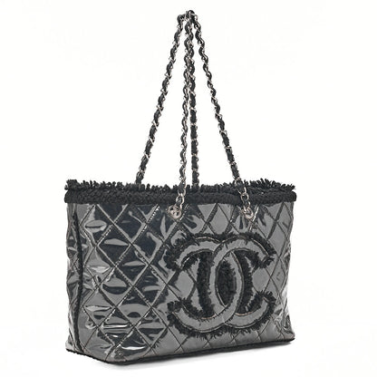 CHANEL Tweed x Leather x Vinyl Matelasse Chain Tote Bag Black Silver-Tone Hardware, Pre-Owned